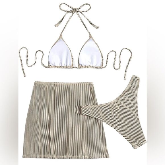 Women's 3 Piece Zebra Striped Bikini Swimsuit & Beach Skirt Bathing Suit (165) - Picture 5 of 8